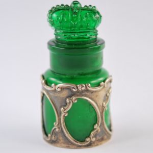19th century, green glass perfume bottle, sterling silver