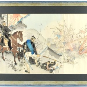 Koloreeritud puugravüür Jaapani- Hiina sõja stseen" 19saj. 1Pool"