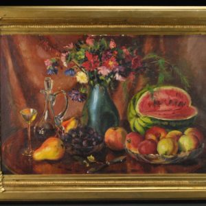 antique painting, still life with apples and watermelons