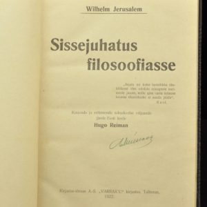 Wilhelm Jerusalem "Sissejuhatus filosoofiasse" 1922 a