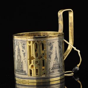 Soviet Russian tea glass holder "KREML" , 875 silver with niello