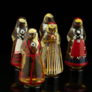 Vintage perfume bottle set, glass, women figures in national clothes