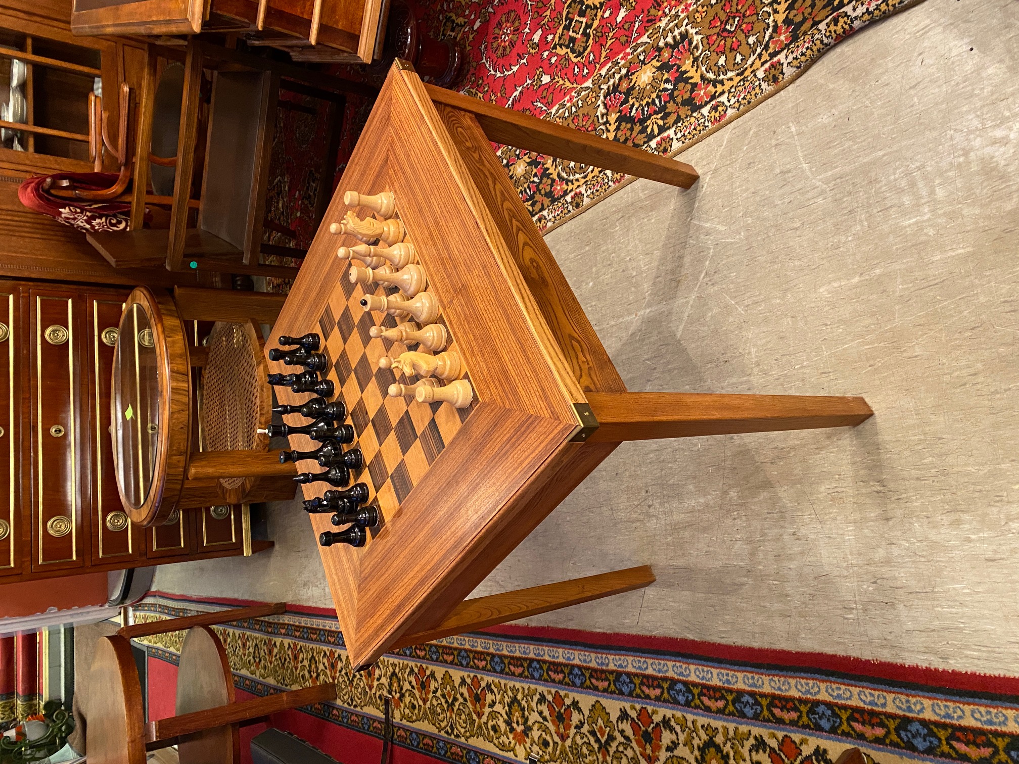 Antique chess table, wood inlay - Idla Antiik