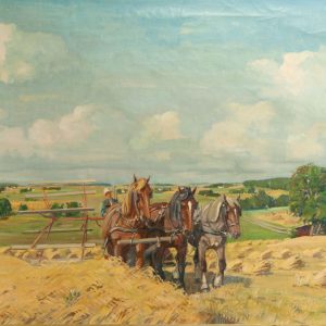 Antique oil painting of horses on a field