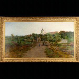 Antique Russian oil painting of a monastery