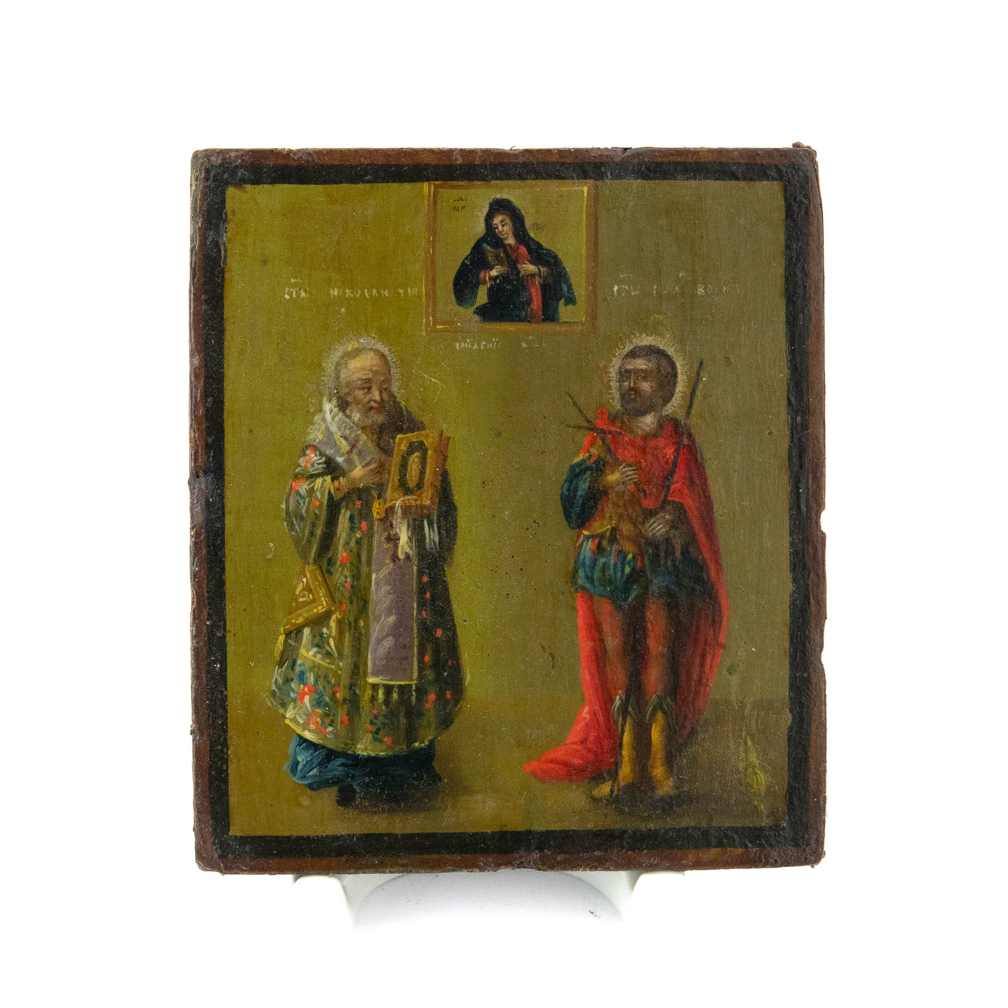 Antiikne väike Vene ikoon Püha Nikolai ja Johannes Sõdalane,hõbe kate 18 sajand