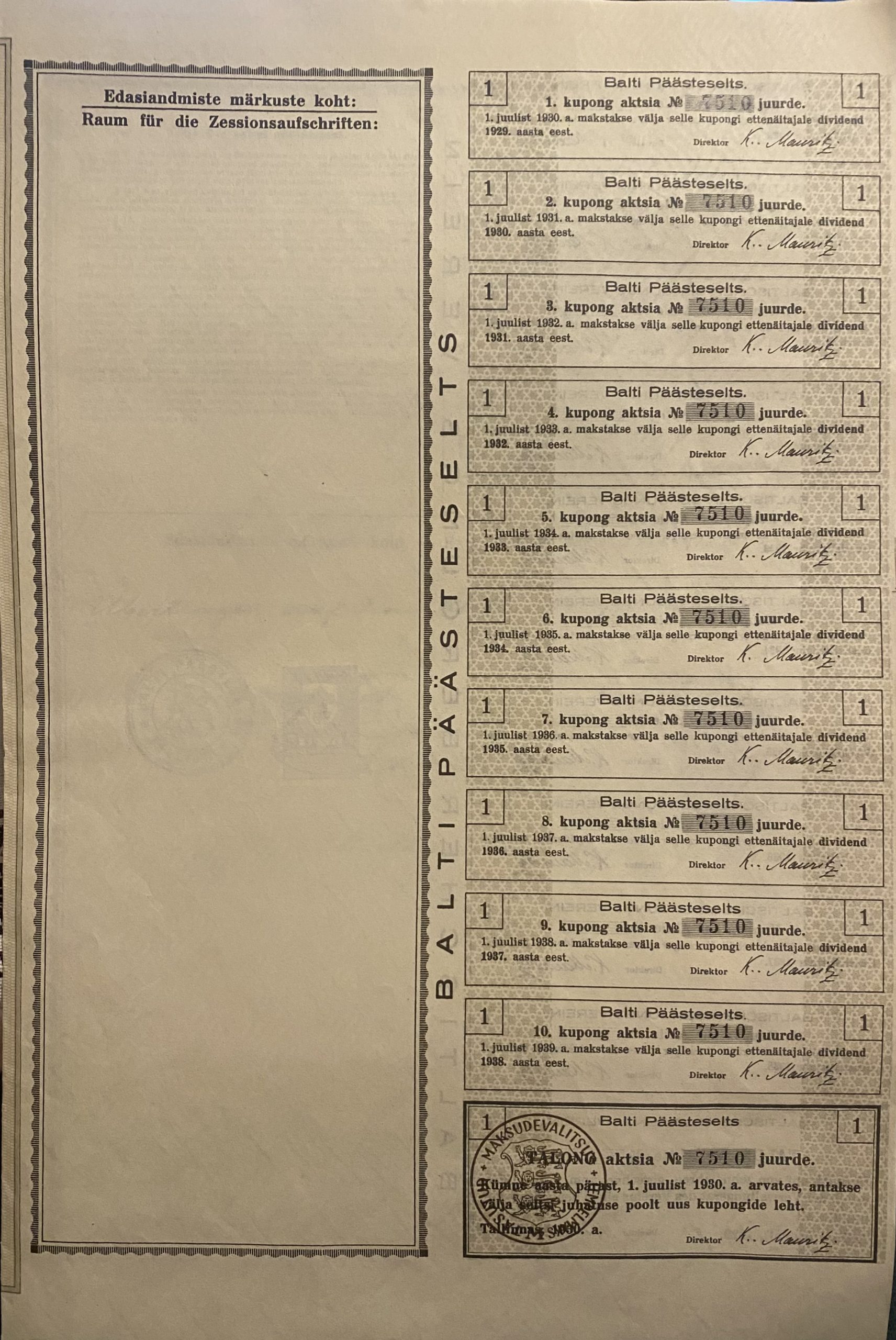 Balti Päästeseltsi AKTSIA 250krooni, 1930