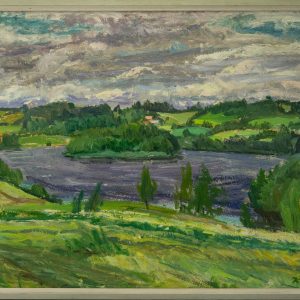 Kalju Nagel (1918-2005) Maastik järvega,õli,papp, ~1977a Kalju Nagel (1918-2005) Maastik järvega,õli,papp, ~1977a