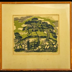 Gita Teearu (1934-2025) graafika Vana talu ,linool 1968-69a