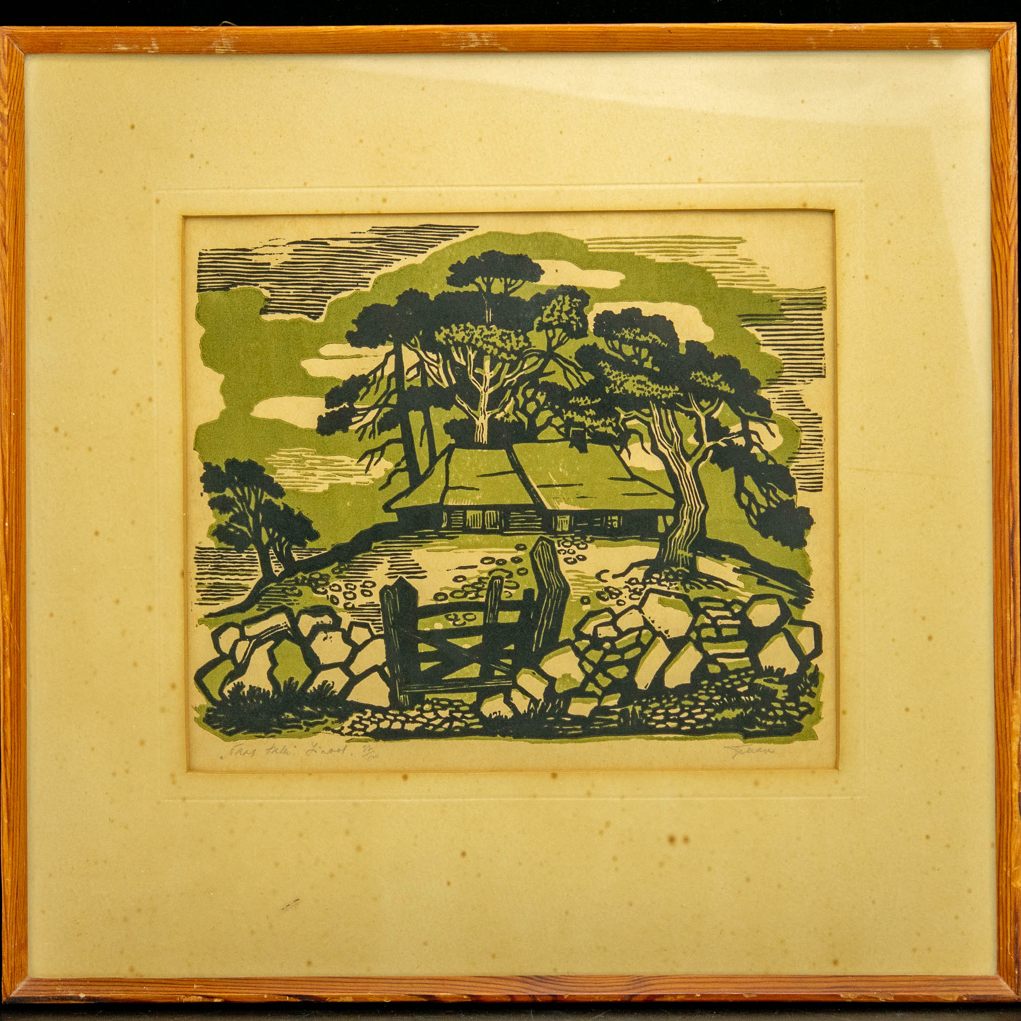 Gita Teearu (1934-2025) graafika Vana talu ,linool 1968-69a