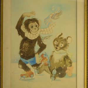 Joann Ostrat akvarell Ahv ja karu uisutamas