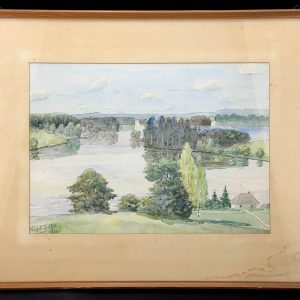 Nigul Espe (1907-1970) akvarell Maja järve ääres,1966a Nigul Espe (1907-1970) akvarell Maja järve ääres,1966a