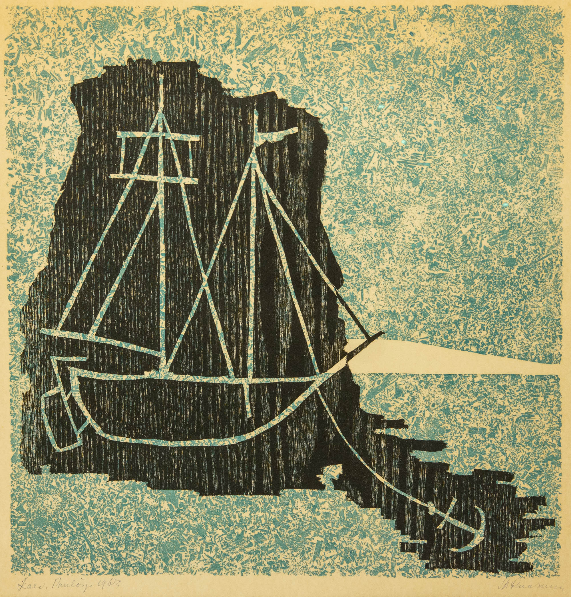 Märt Laarman (1896-1979) graafika Laev,puulõige 1963a Märt Laarman (1896-1979) graafika Laev,puulõige 1963a